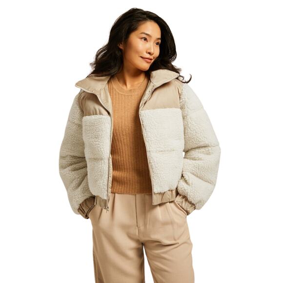 Women's Abercrombie & Fitch Ultra Faux Fur Color Block Mini Puffer Jacket -Small - Picture 1 of 9